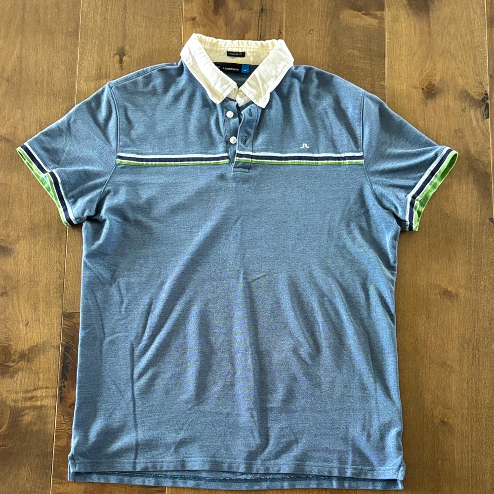 J.Lindeberg Blue Rob Hybrid Pique Polo Shirt with Green and White Details, large